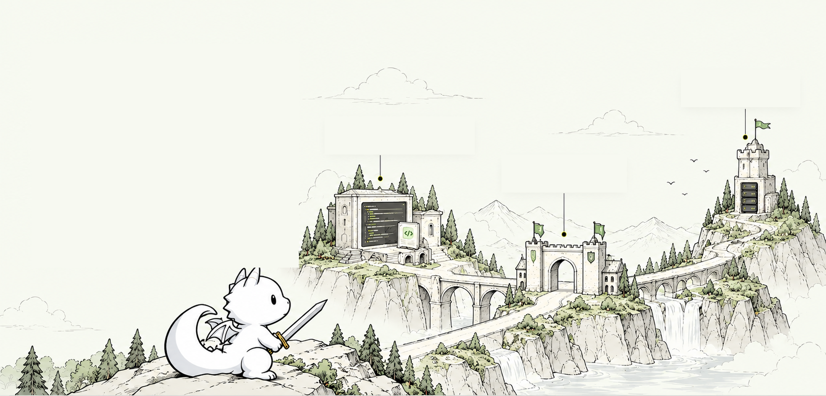 Rex the dragon beside a connected landscape representing codebase analysis, application testing, and server visibility